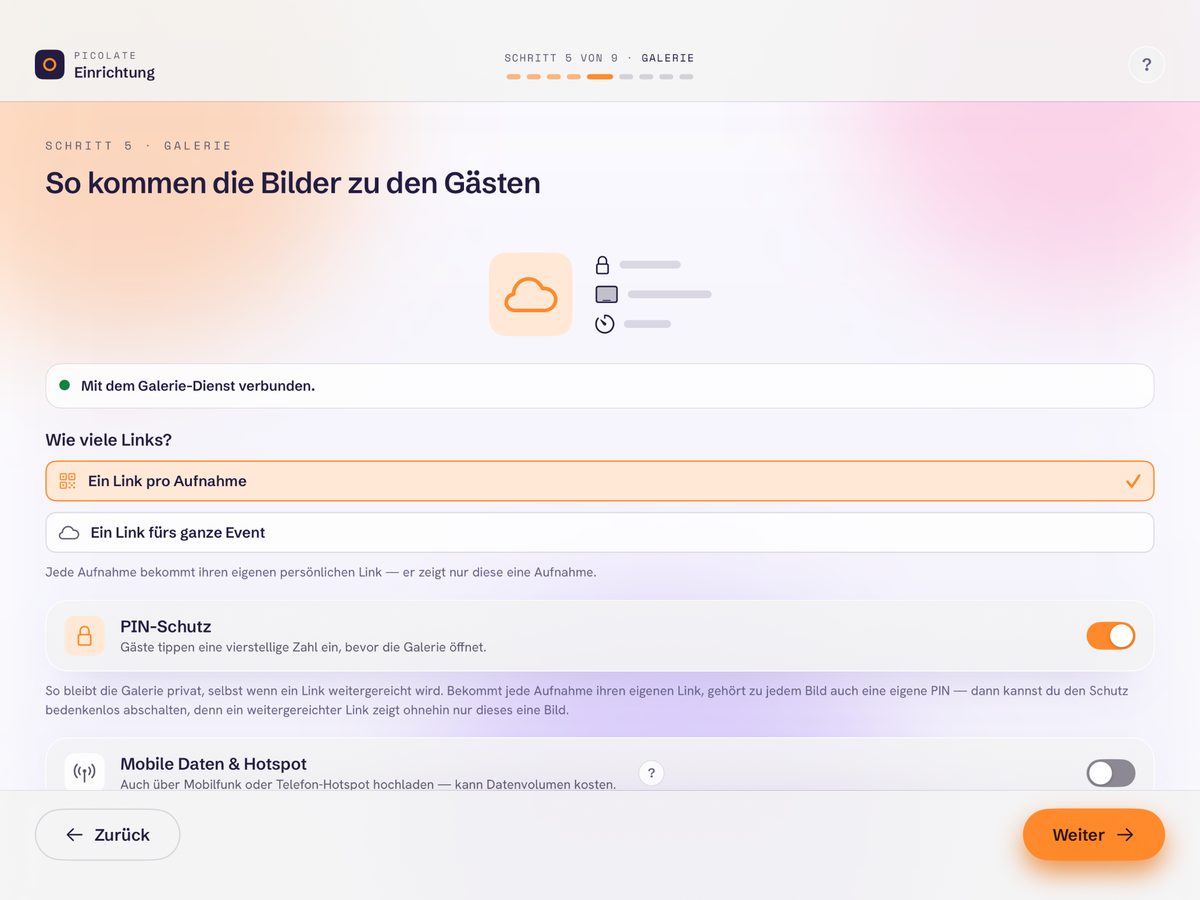 Event-Assistent, Schritt 5 von 9 „Galerie“: Wahl zwischen einem Link pro Aufnahme und einem Link fürs ganze Event, dazu die Schalter „PIN-Schutz“ und „Mobile Daten & Hotspot“