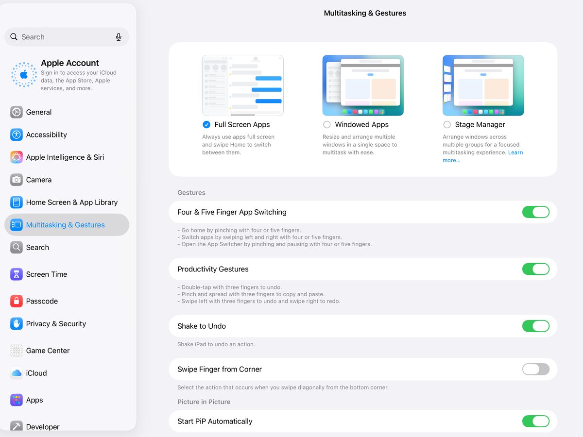 iPad settings, “Multitasking & Gestures” section: the “Full Screen Apps” option is selected, next to “Windowed Apps” and “Stage Manager”