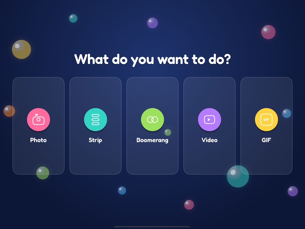 Mode picker in the Birthday design: five big tiles — photo, strip, boomerang, video, GIF