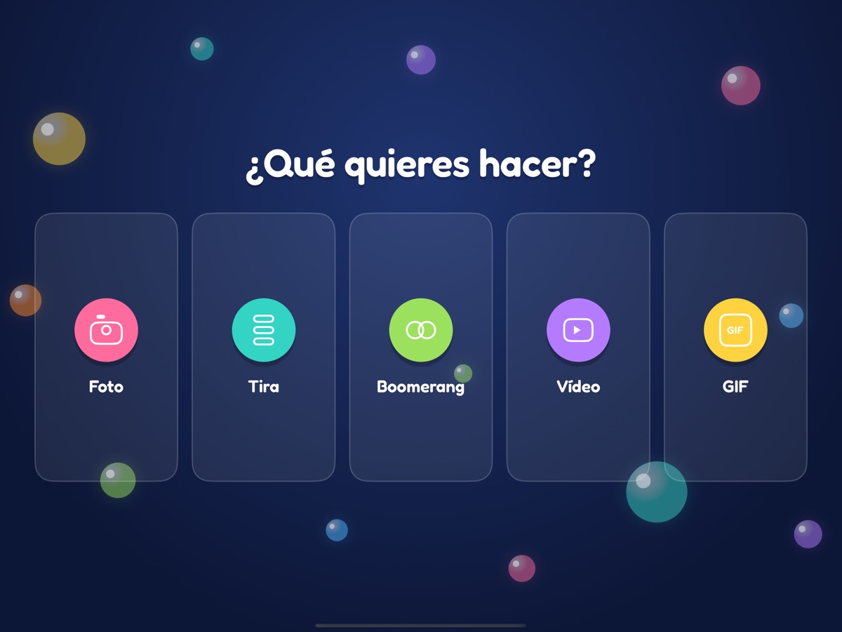 Selección de modo en el diseño «Cumpleaños»: cinco casillas grandes — foto, tira, boomerang, vídeo, GIF