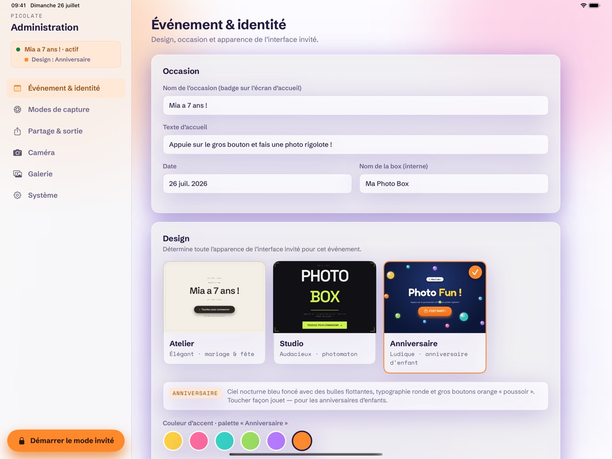 Espace admin « Événement et branding » : détails de l’occasion et choix du design, avec à gauche les sections modes, partage, caméra, galerie et système