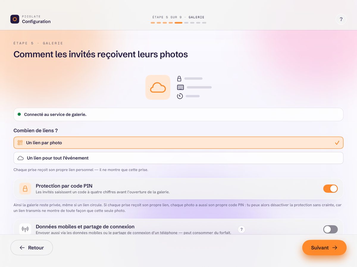 Assistant d’événement, étape 5 sur 9 « Galerie » : choix entre un lien par photo et un lien pour tout l’événement, avec les interrupteurs « Protection par code PIN » et « Données mobiles et partage de connexion »