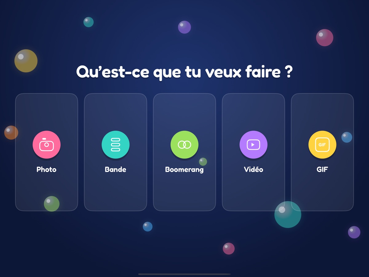 Choix du mode dans le design « Anniversaire » : cinq grandes tuiles — photo, bande, boomerang, vidéo, GIF